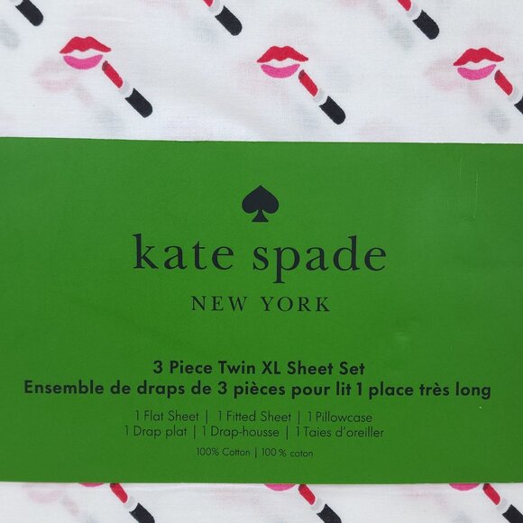 Kate Spade New York Twin XL 3-Piece Sheet Set Lipstick Kiss Print Black Red Pint - Picture 3 of 9